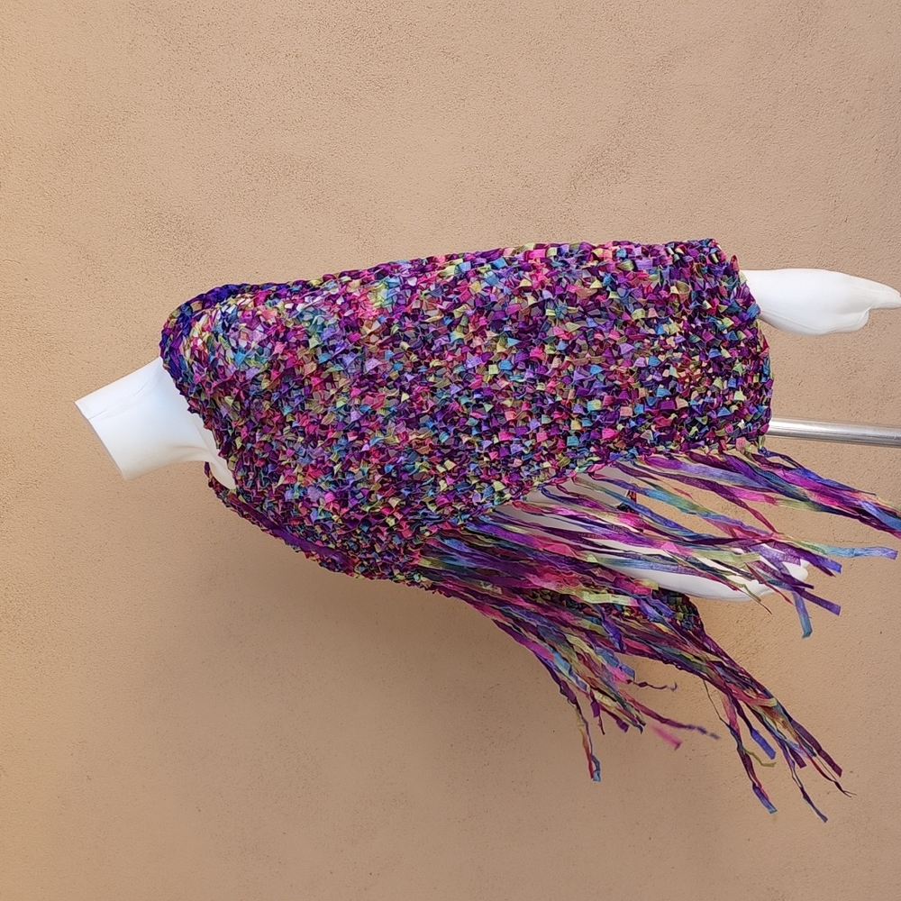 VINTAGE HANDMADE Ribbon Weave Woven Shawl Cocoon Poncho Top Ombre Purple Y2K - Picture 11 of 16